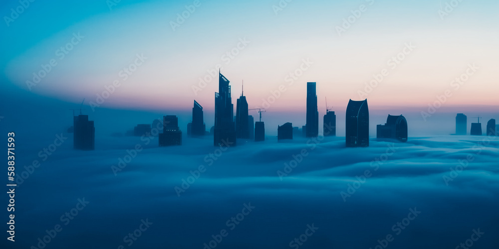 Obraz premium Morning landscape of skyscrapers in blue fog