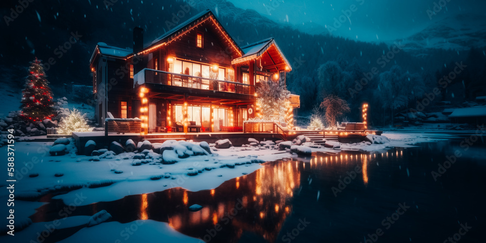 Obraz premium Modern lake house on Christmas night