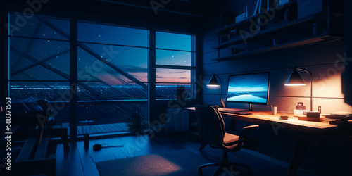 Loft room for a gamer. Night scene