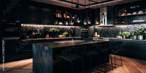 Modern kitchen in a luxury house in black © v.senkiv