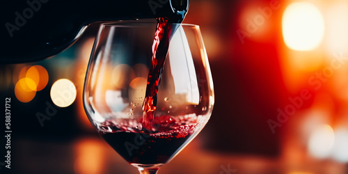 Pouring red wine into a glass while celebrating dinner against a bokeh background