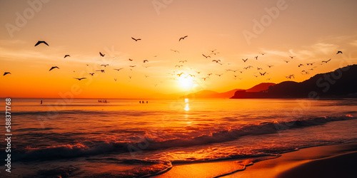 Seagulls fly over the ocean at sunset © v.senkiv