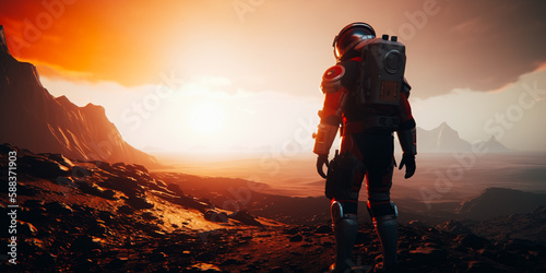 Rear view of an astronaut exploring an unknown planet 