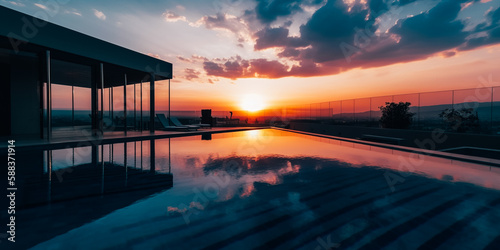 Side view of a swimming pool with reflections of sky at sunset light