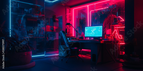 Water cooling of the computer. Neon lights illuminate the gaming room