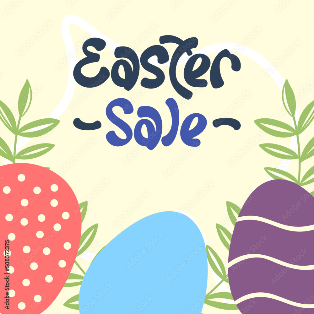 Happy Easter Sale banner, poster, greating card, background. Flat design eggs, plants and cute typography with pastel colors. Vector illustration for social media, website, invitation, ads, mobile.
