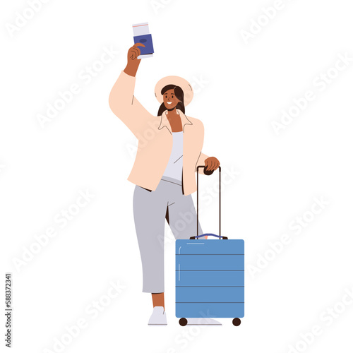 Happy woman tourist character with suitcase waving passport ready for travel and adventure