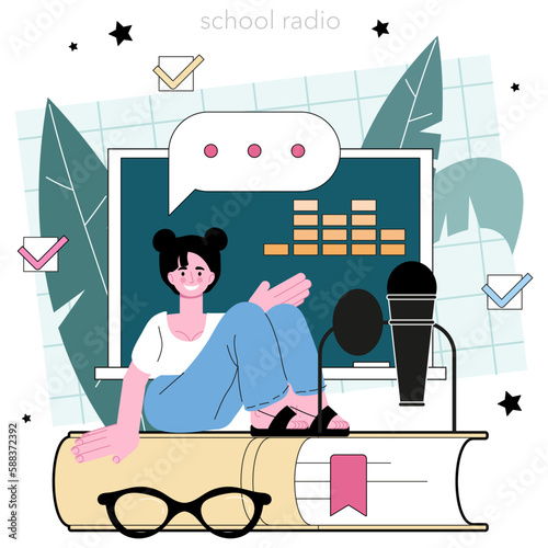 School radio club. Students using microphones and recording