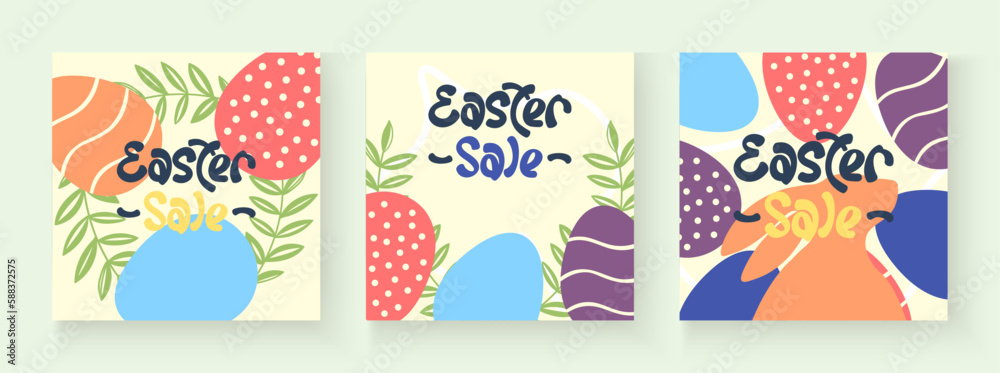 Happy Easter Set. Easter greeting cards with colorful eggs, rabbit, plants and hand draw calligraphy. Cute template background for banner, website, social media, invitation, sale, discount, voucher.