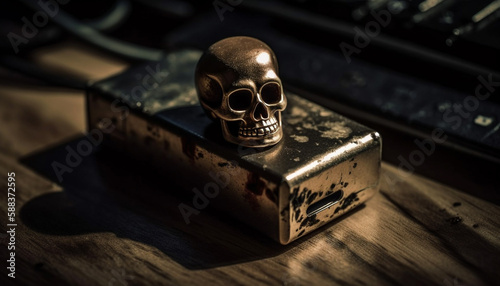 Spooky still life antique metal skull table generated by AI