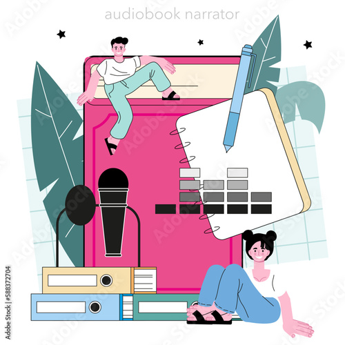 Speaker concept. Audio book narrator. Character talking through