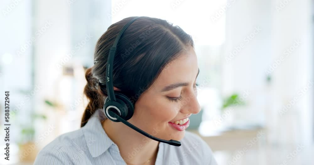 Contact us, call center consulting or happy woman speaking or talking in communications company office. Crm, friendly smile or telemarketing sales agent explaining online in telecom customer services Contact us, call center consulting or happy woman speaking or talking in communications company office. Crm, friendly smile or telemarketing sales agent explaining online in telecom customer services