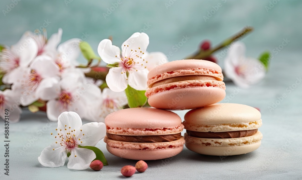 Tasty macarons and flower on light background, generative AI Tasty macarons and flower on light background, generative AI