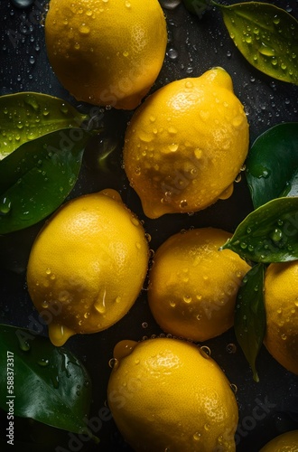 A lot of ripe lemons with water drops. Background design with fresh wet lemons. Generative AI.