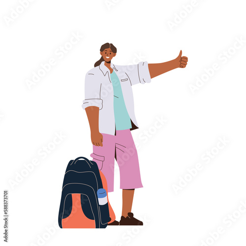 Young woman traveler raising hand with thumbsup gesture sign to stop transport for journey