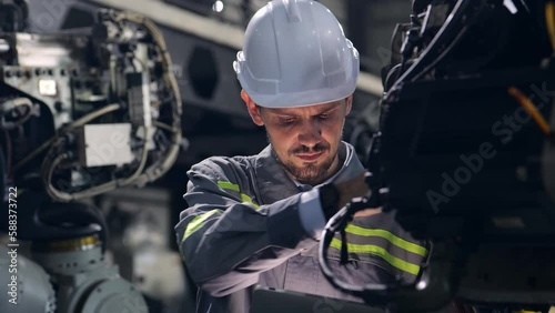 Caucasian male engineer, technician wearing safety uniform working using tablet Online information to monitor machine operation, check maintenance plan to make a machine work efficiently and safety.