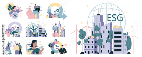 ESG set. Environmental social governance, sustainable global system.