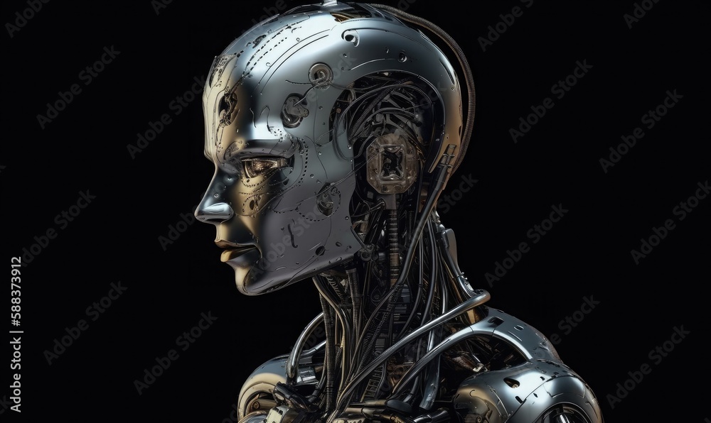 Android robot robot head close-up, generative AI