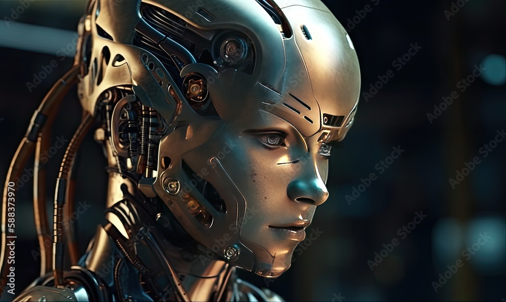 Fototapeta premium Android robot robot head close-up, generative AI