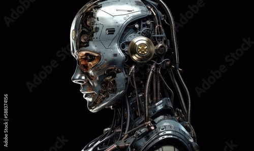 Android robot robot head close-up, generative AI