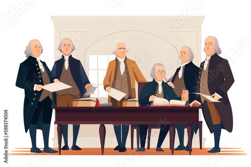 Flat illustration of Founding Fathers signing Declaration of Independence, patriotic color scheme Fototapeta