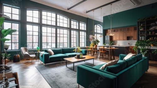 Interior of Living Room and Dining Area in a Downtown Apartment with Green Color Scheme and Large Windows