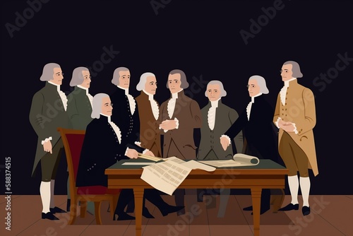 Flat illustration of Founding Fathers signing Declaration of Independence, patriotic color scheme. generative ai photo