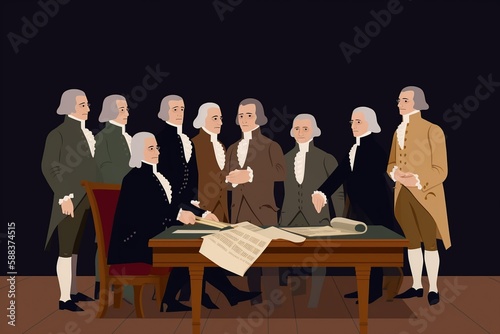 Flat illustration of Founding Fathers signing Declaration of Independence, patriotic color scheme. generative ai