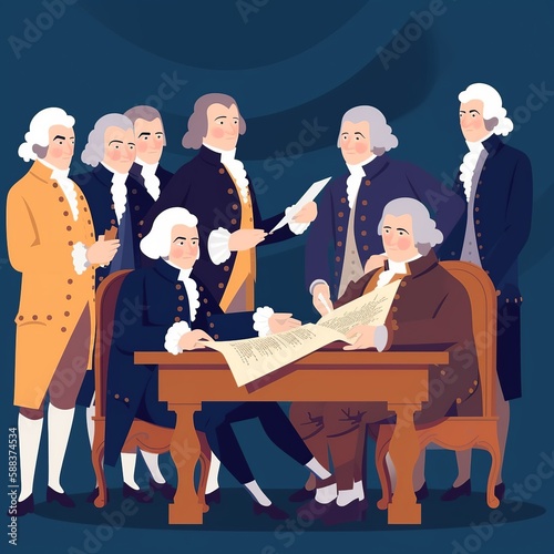 Flat illustration of Founding Fathers signing Declaration of Independence, patriotic color scheme. generative ai