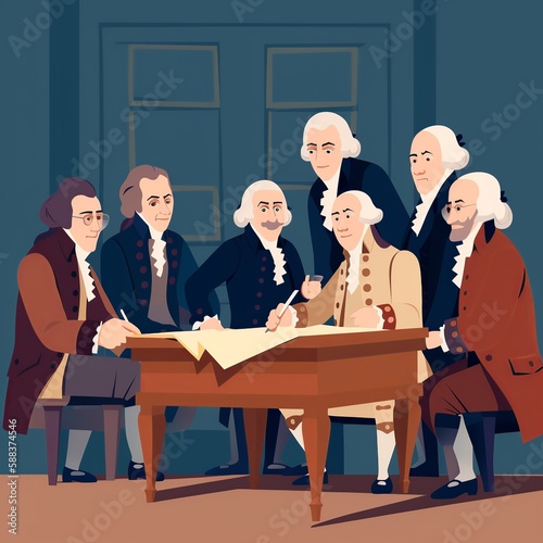 Flat illustration of Founding Fathers signing Declaration of Independence, patriotic color scheme. generative ai photo