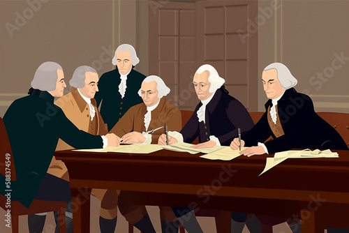 Flat illustration of Founding Fathers signing Declaration of Independence, patriotic color scheme. generative ai