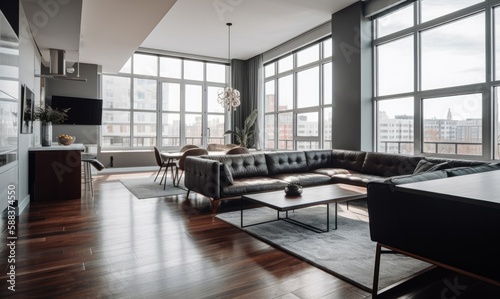 Living Room of Apartment with Leather Furniture and Floor to Ceiling Windows Giving It a Breathtaking View