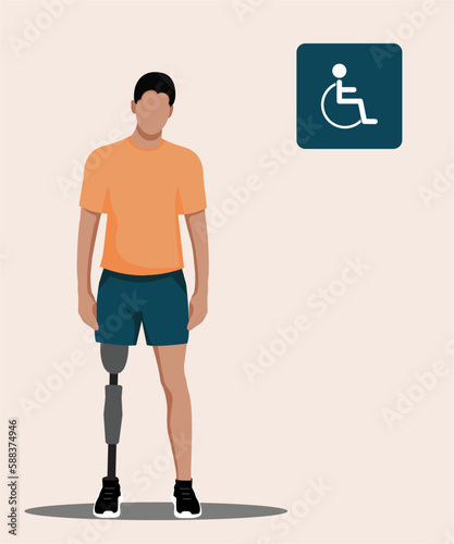 Vector illustration of a young special person with a leg prosthesis, disabled person standing. Icon of a person on a wheelchair for web pages, hospitals and rehabilitation.