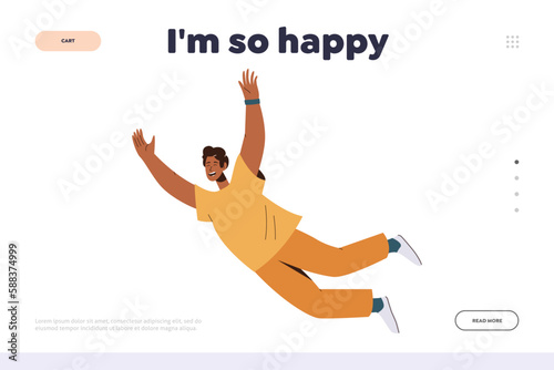 Happy man landing page design template, male character feeling happiness, joyful floating in air