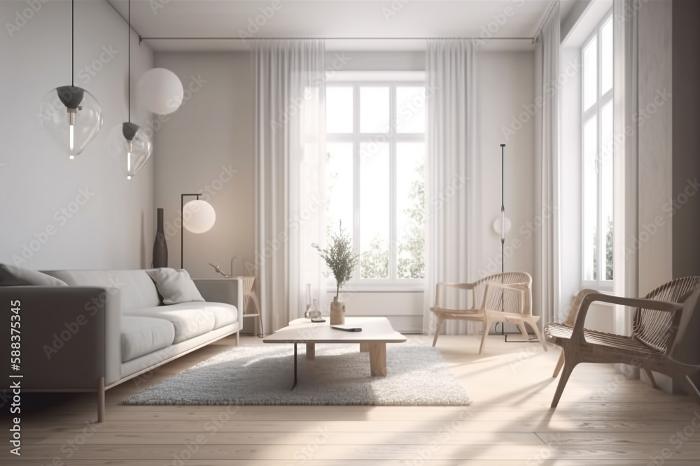 Modern living room. Clean high key interior design concept. Illustration. Generative AI Modern living room. Clean high key interior design concept. Illustration. Generative AI