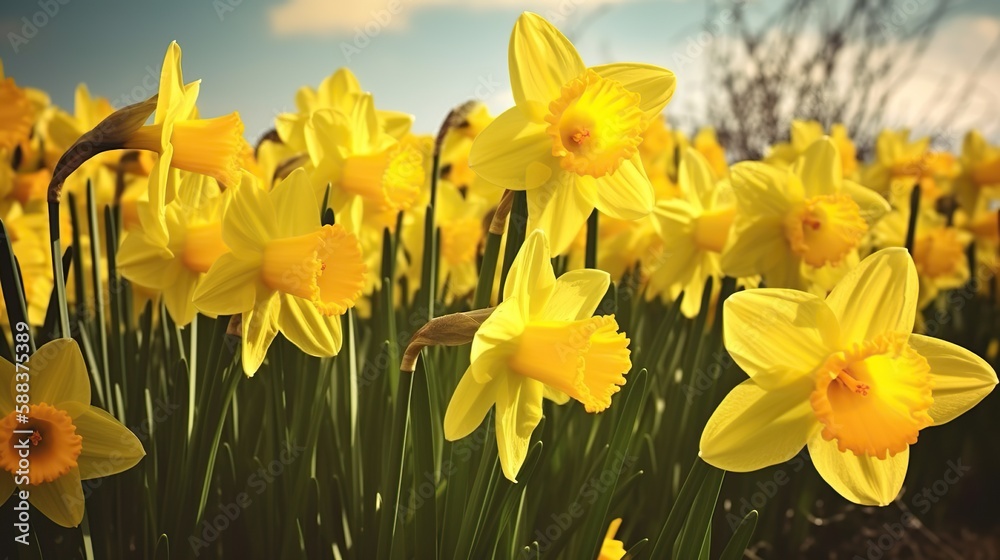 A vast field of bright yellow daffodils spreads out before you, a