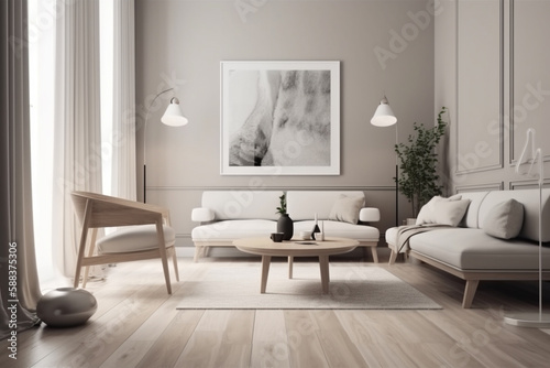 Modern living room. Clean high key interior design concept. Illustration. Generative AI