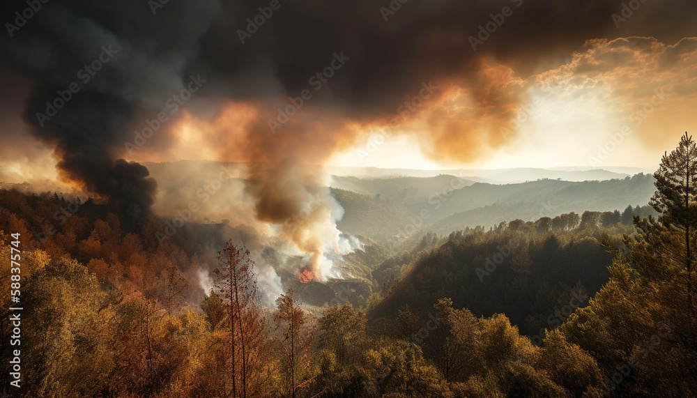 Forest fire blazing through mountain range inferno generated by AI
