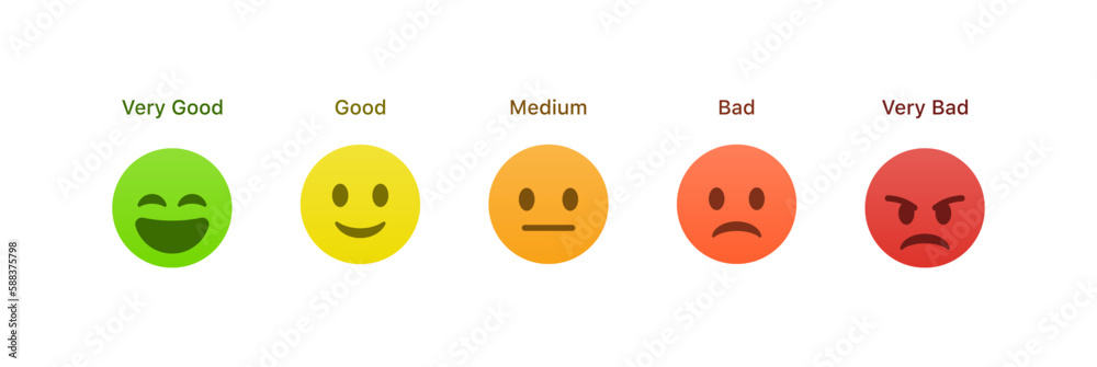 feedback emoji. emoticons set , rating scale of customer satisfaction rating with 5 levels ; good, medium, bad or happy smile, neutral, angry emojis - smiley icon set. vector illustration - obrazy, fototapety, plakaty 