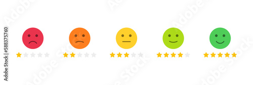 feedback emoji. emoticons set. five stars icon , rating scale of customer satisfaction with 5 levels ; good, medium, bad or happy smile, neutral, angry emojis - smiley icon set. vector illustration