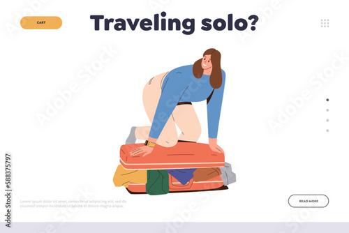 Solo travelling for woman, business journey concept for tour agency landing page design template