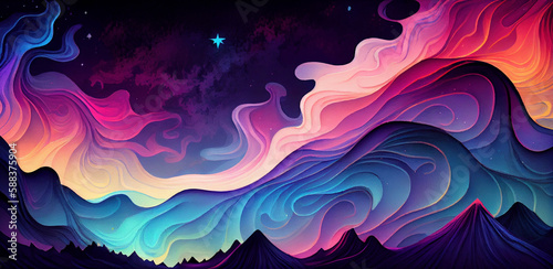 Cosmos abstract background, sky with wavy clouds and stars, wide banner, watercolor illustration. Created with Generative AI technology