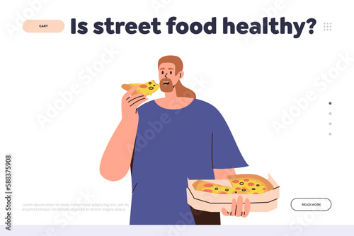 Young hipster man character eating takeaway pizza, benefits of street food landing page design
