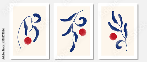 Japanese abstract art set. Minimalist botanical composition with a bright red spot in a modern style. Cover, postcard, poster and banner of modern design.
