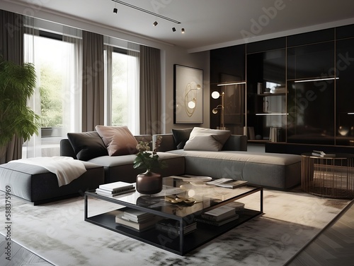 Diaphanous Interior design of modern apartment, living room with sofa and coffee tables 3d rendering. Created using generative AI.