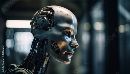 Futuristic robotic cyborg men wielding metallic machinery generated by AI