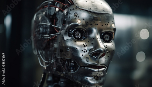 Metallic cyborg knight looking at camera, futuristic warfare generated by AI