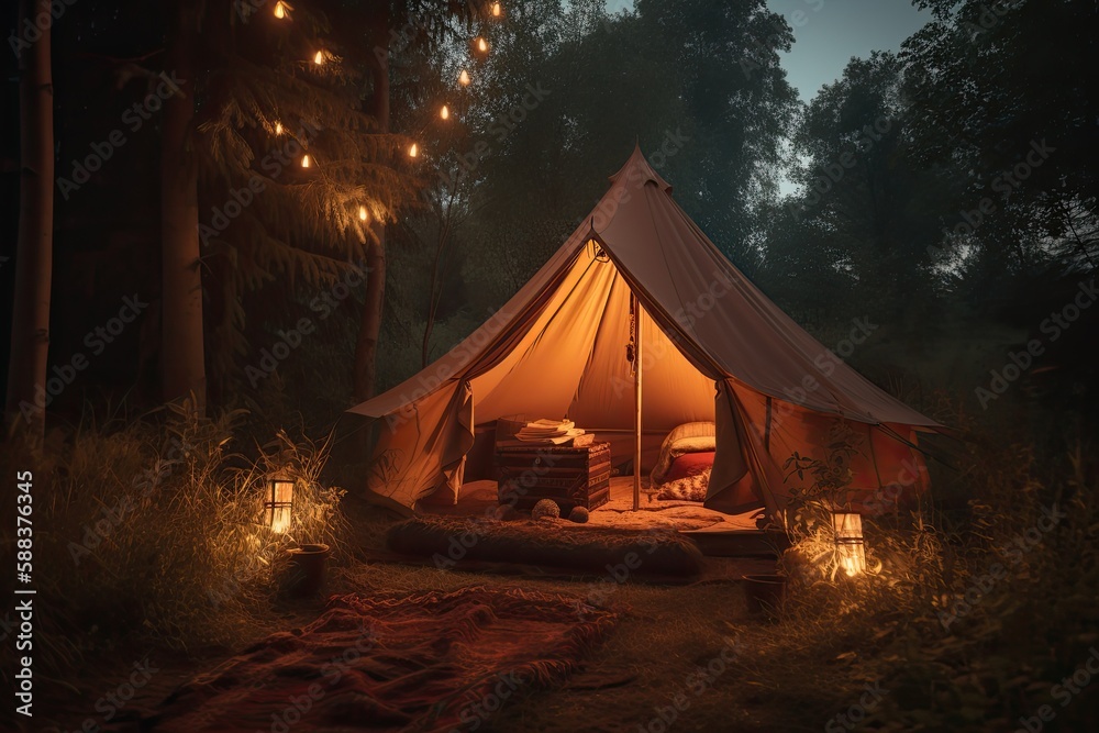 A cozy tent in the forest. Generative AI