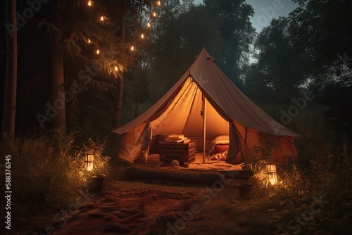 A cozy tent in the forest. Generative AI