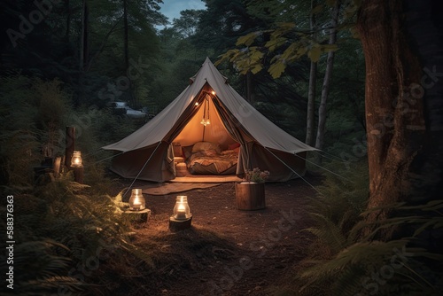 A cozy tent in the forest. Generative AI © Nutcha